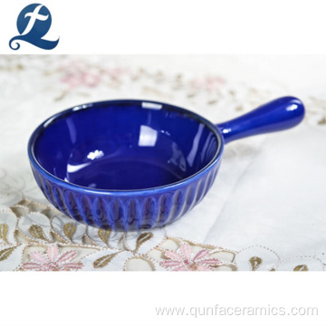 Emboss Stoneware Printed Ceramic Bowl With Handle